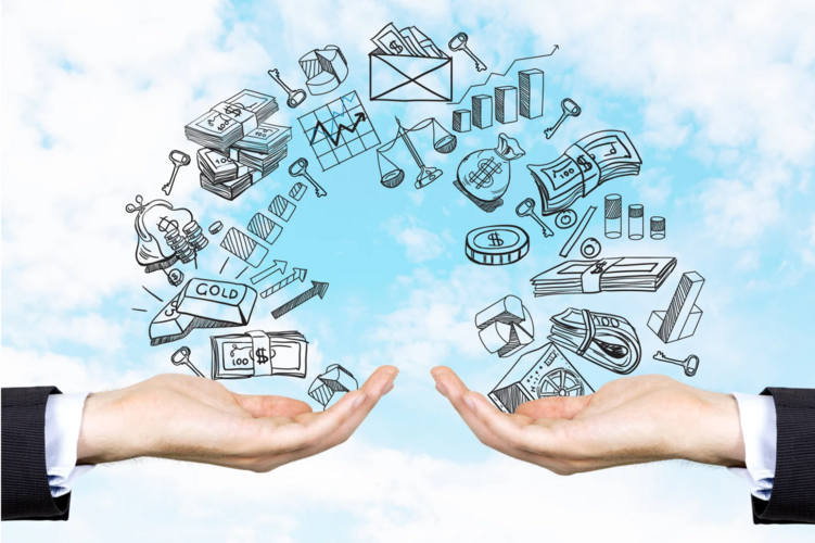 Dieses Bild zeigt zwei Hände. Auf diesen Händen sind viele Symbole, die die Wirtschaft darstellen.