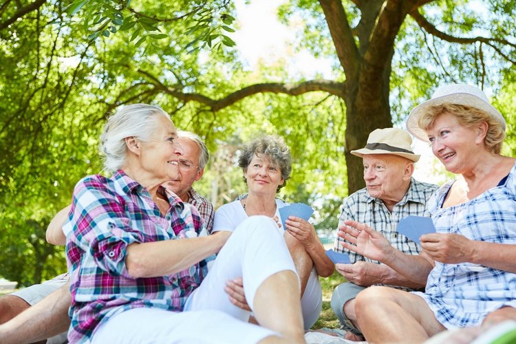 Auf diesem Bild sind 5 ältere Personen zu sehen, die gemeinsam in einem Park sitzen und Karten spielen.