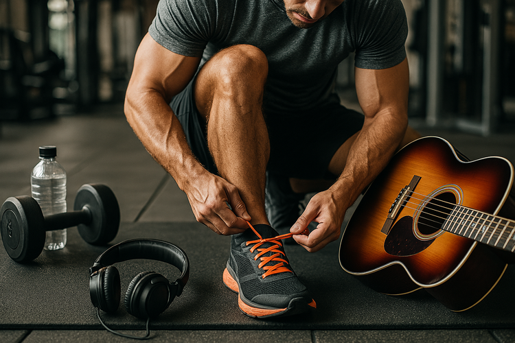 Auf diesem Bild ist eine Person in Sportkleidung zu sehen, die sich gerade die Schuhe zubindet. Neben der Person liegt eine Gitarre.